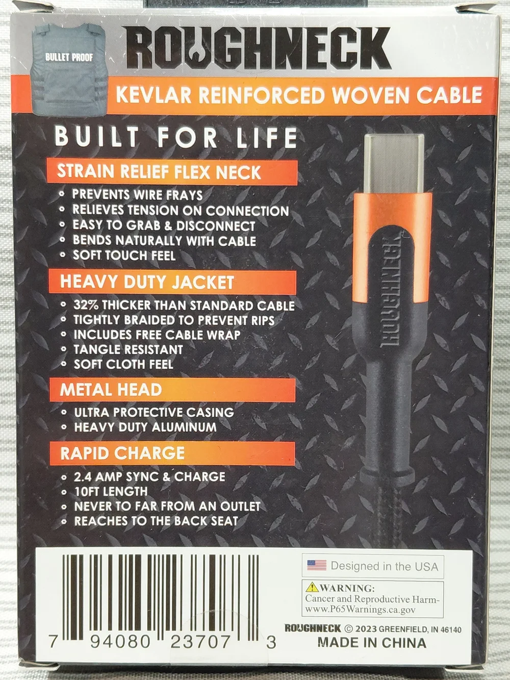 NEW Roughneck Kevlar Reinforced USB-C Cable - Black Charging Cable 10' Long